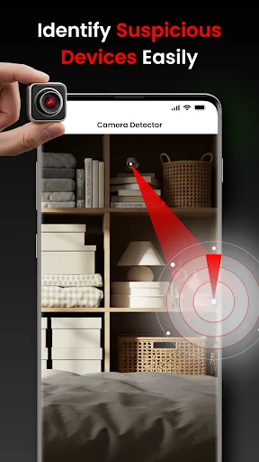 Hand holding concealed spy camera with smartphone showing detection signals and RF radiation waves to identify suspicious spying devices nearby
