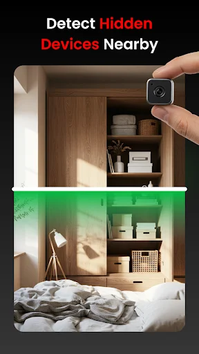 Thermal split-view bedroom detection showing hidden camera and device discovery with smartphone thermal overlay for proximity scanning capability