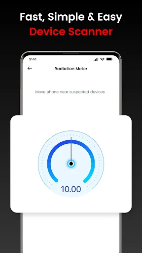 Radiation meter scanner app interface displaying real-time gauge reading 10.00 units for detecting hidden devices through wireless sensor proximity