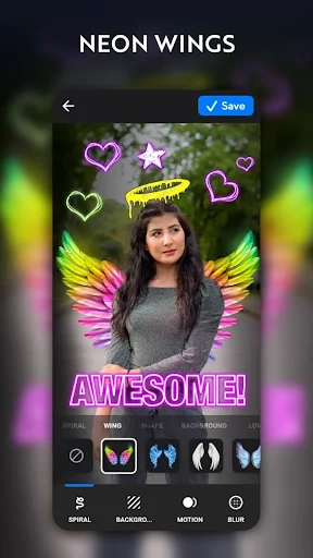 Neon wings photo editor showing colorful angel wings, heart stickers, halo, and AWESOME text on portrait