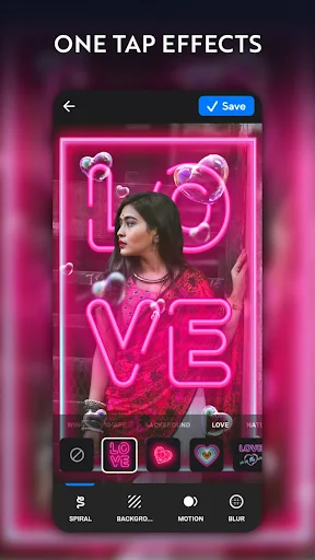 One-tap neon effects photo editor: apply pink LOVE text and lighting overlays instantly