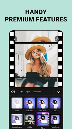 Premium video editor with film strip preview and color-graded effect filter library