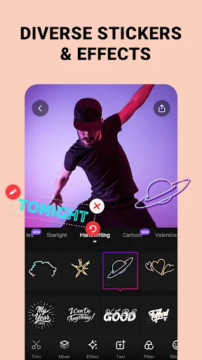 Diverse stickers and effects panel in AI photo editor with planet, star, and text sticker options