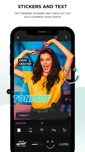 Stickers and text feature showing TONIGHT text overlay and VIDEO CREATOR badge on vibrant photo