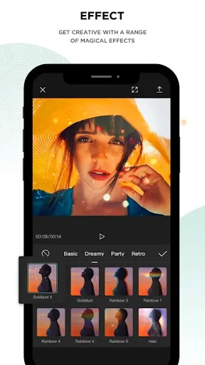 Photo effect filters panel displaying Basic, Dreamy, Party, Retro options with preview thumbnails