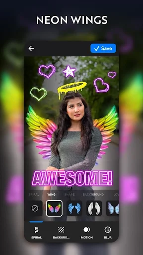 Neon Wings photo editor: add colorful wing effects, stickers, and text overlays to portraits