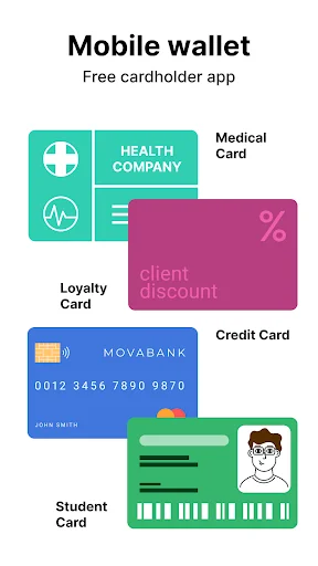 Mobile wallet cardholder app displaying medical card, loyalty card, credit card, and student ID examples