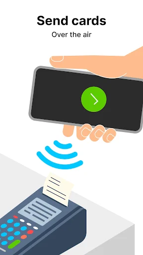 Send cards over the air feature showing contactless payment terminal and smartphone wireless transfer