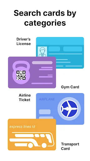 Search cards by categories screen showing driver's license, gym card, airline ticket, and transport card