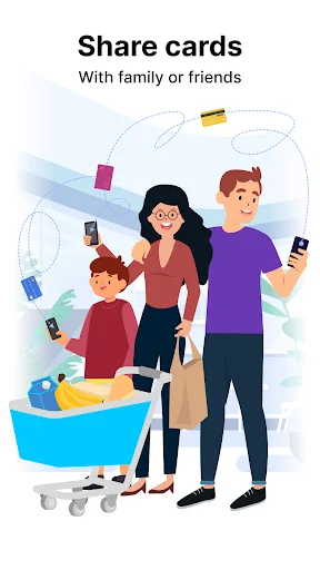 Share cards with family feature illustration showing family shopping with digital wallet sharing capability