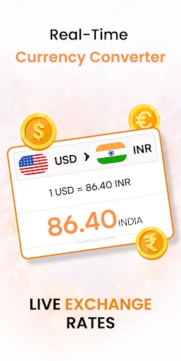 Real-time currency converter displaying live exchange rates for USD to INR and international transactions