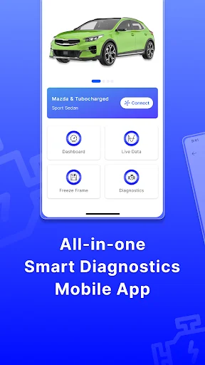 Smart diagnostics feature menu displaying green car image with Dashboard, Live Data, Freeze Frame, and Diagnostics tiles