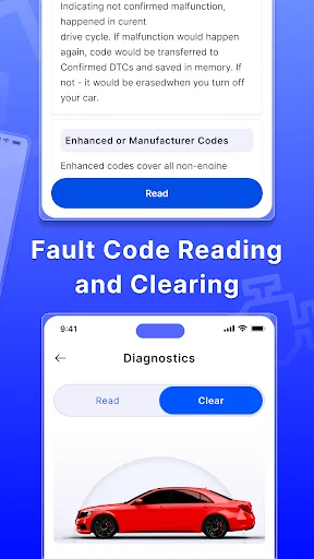 Fault code diagnostics screen with Read and Clear action buttons, red car image, and code reading capabilities
