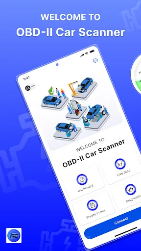OBD-II Car Scanner welcome screen with app interface preview, car icons, and Connect button for vehicle diagnostics startup