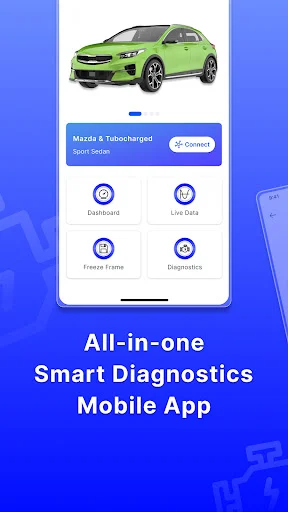 Smart diagnostics feature menu displaying green car image with Dashboard, Live Data, Freeze Frame, and Diagnostics tiles