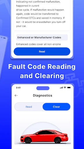 Fault code diagnostics screen with Read and Clear action buttons, red car image, and code reading capabilities