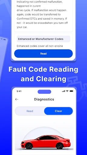 Fault code diagnostics screen with Read and Clear action buttons, red car image, and code reading capabilities