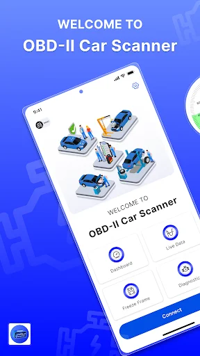 OBD-II Car Scanner welcome screen with app interface preview, car icons, and Connect button for vehicle diagnostics startup