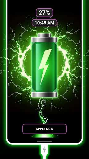 Battery charging animation with green battery and lightning effects showing 27% charge level and apply button
