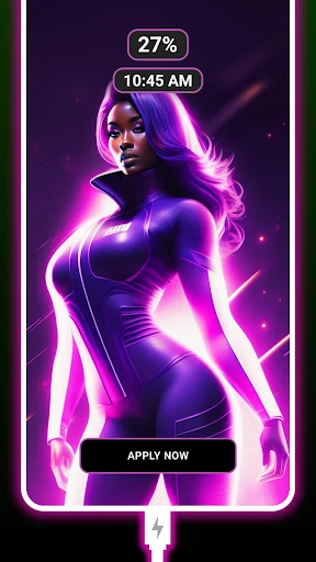 Purple neon superhero character battery charging theme with 27% charge display and customization option