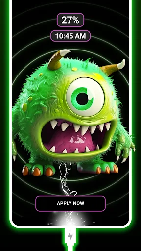Green cartoon monster battery charging animation screen showing charge percentage and time with apply button