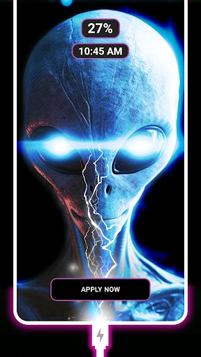 Blue alien head charging animation theme with lightning effects displaying battery status and apply option