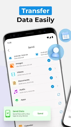 Clone Phone data transfer screen displaying selectable file types: SMS, Images, Videos, Documents, Music, Apps, Calendar