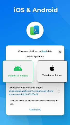 Platform selection screen for Clone Phone with options to Transfer to Android or Transfer to iPhone with app download