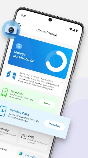 Clone Phone app showing 15.33 GB storage with Send Data and Receive Data options for phone switching and data transfer