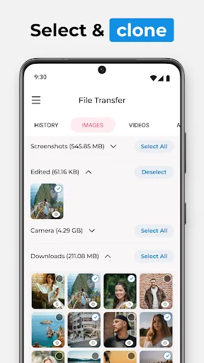 File Transfer interface with filterable photo categories: Screenshots, Edited, Camera photos, Downloads for cloning
