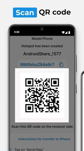 QR code display screen for quick device pairing showing AndroidShare hotspot and connection code for data transfer