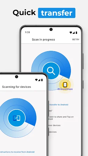 Quick transfer scanning screen with animated loading indicator to find nearby devices for wireless data transfer