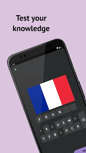 Country Flags quiz showing 'Test your knowledge' with French flag and letter tiles for typing the country name