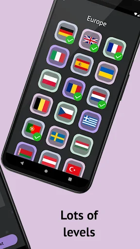 Geography trivia app with 'Lots of levels' Europe level grid featuring multiple country flag icons for quiz