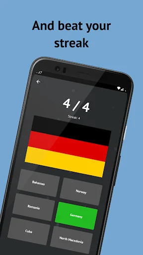 Streak challenge mode displaying '4/4' progress with German flag and six country name options to identify