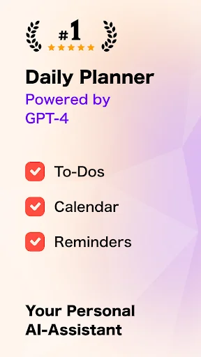 Day Flow daily planner app interface featuring GPT-4 AI assistant with checkmark icons for to-do lists, calendar, reminders, and routine planning capabilities