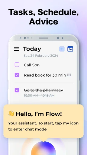 Day Flow task management app showing today's schedule with task items, time slots, and Flow AI assistant offering chat mode for personalized planning advice