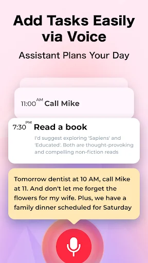 Day Flow voice command feature for adding tasks by speaking with AI assistant automatically planning and scheduling your daily routine and reminders