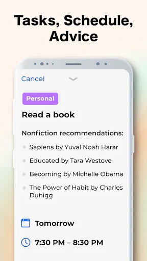 Day Flow task detail screen displaying book reading task with nonfiction book recommendations, personal category tag, time scheduling, and AI-generated advice