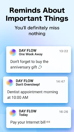 Day Flow reminders notification system showing important tasks and appointments with timestamps, including alerts for upcoming events across one week, today, and today