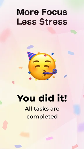 Day Flow task completion celebration screen with motivational message and emoji graphics when all daily to-do list items and scheduled tasks are finished