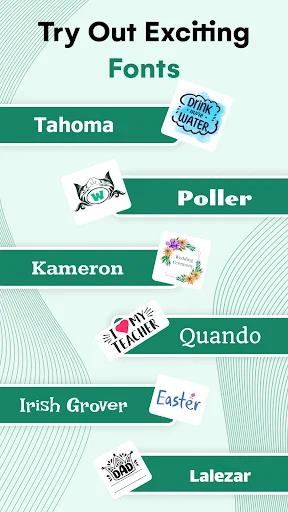 Design Maker app font selection menu showing exciting typography options including Tahoma, Poller, Kameron, Quando, Irish Grover, and Lalezar fonts