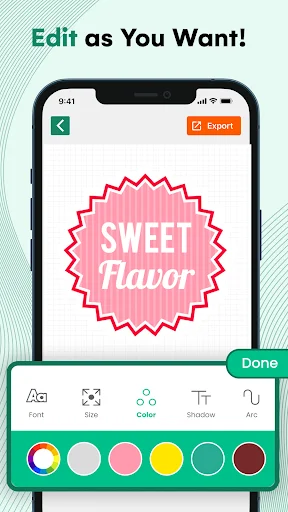Design Maker edit screen with Sweet Flavor star burst design and interactive color palette featuring multiple color choices for customization