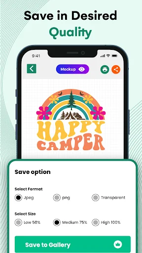 Design Maker save quality options screen showing Happy Camper design with format selection jpeg, png, transparent and size choices 50%, 75%, 100%