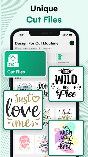 Unique Cut Files collection in Design Maker app displaying SVG design files like Wild and Free, Just Love Me text graphics for cutting machines