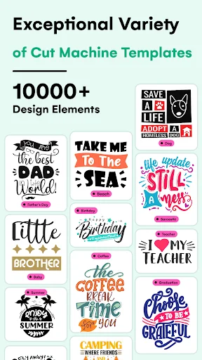 Extensive library of 10,000+ cut machine design templates including monograms, decorative text, and SVG design elements