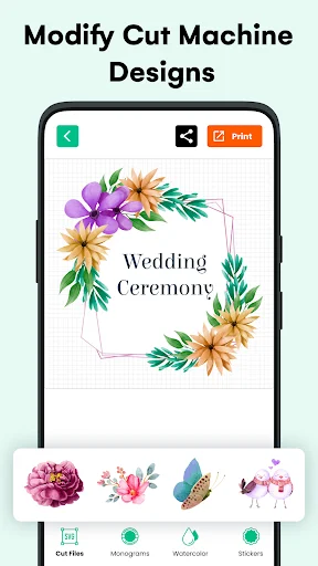 Cut machine design editor with floral wedding ceremony template and element customization options