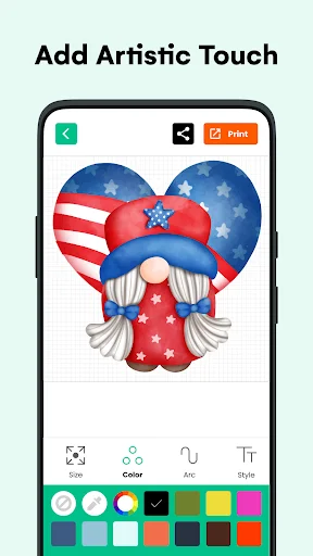 Design editor with patriotic gnome artwork and color picker tool for customizing cut machine projects