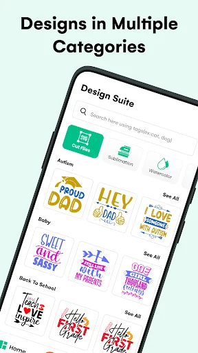 Design Suite interface showing multiple categories of cut machine designs organized by themes and occasions