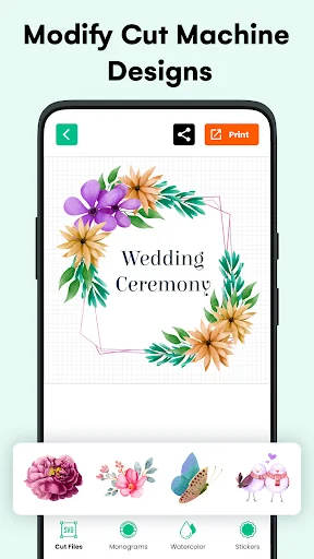 Design editor with customizable wedding template featuring floral arrangements and element selection tools